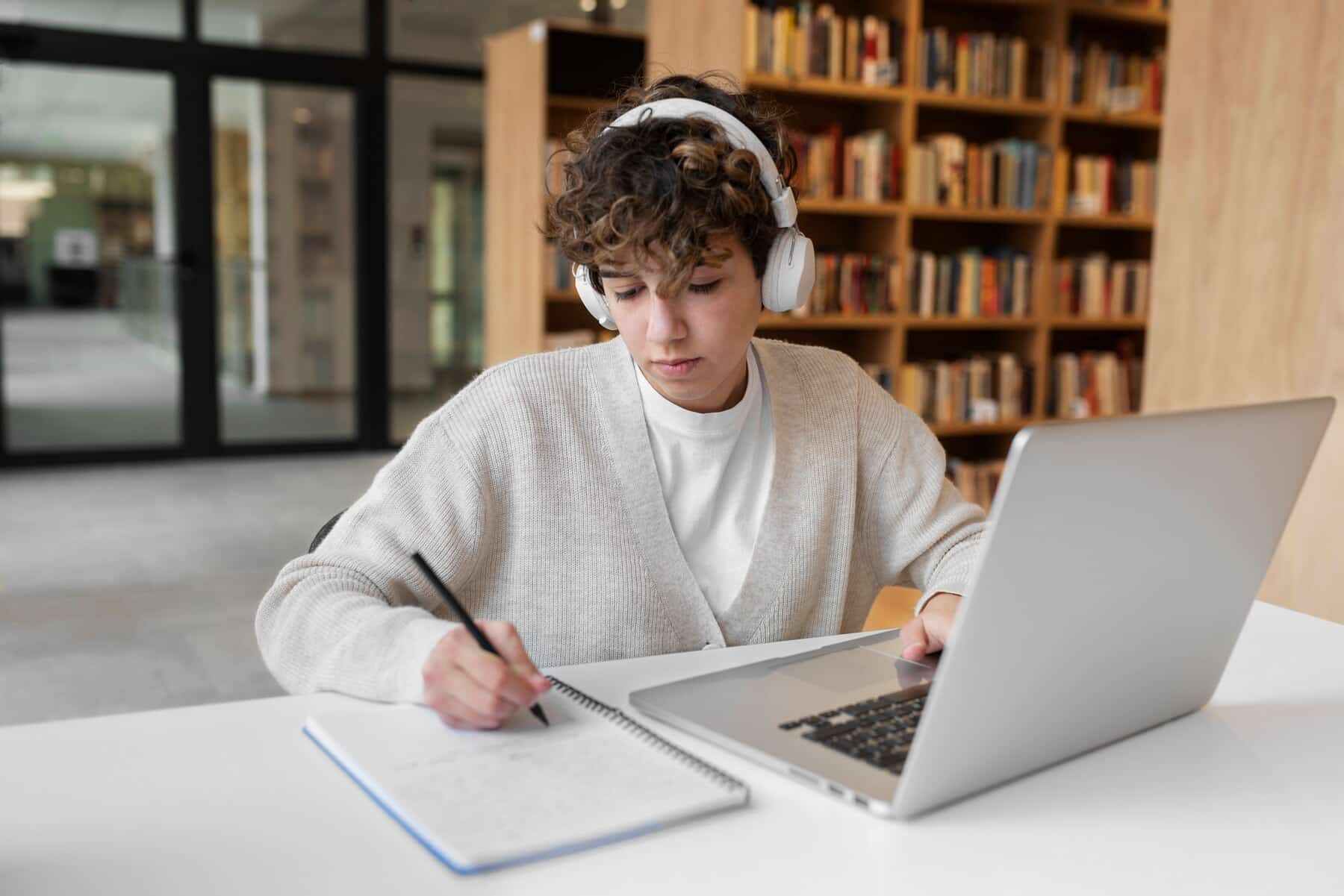 A person wearing headphones studies at a table with a laptop and notebook, surrounded by bookshelves in a modern workspace.
